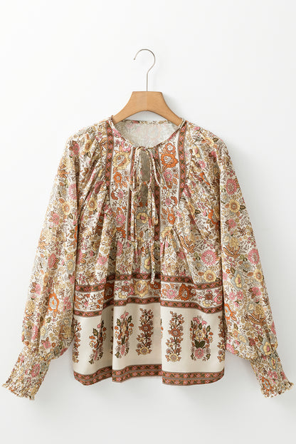 Floral Print Tie Neck Lantern Sleeve Blouse | Yellow