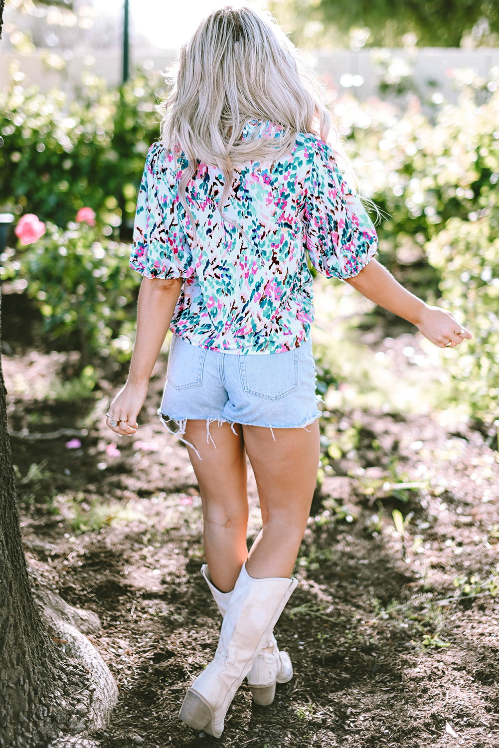 Abstract Print Puff Sleeve Mock Neck Blouse | Light Blue