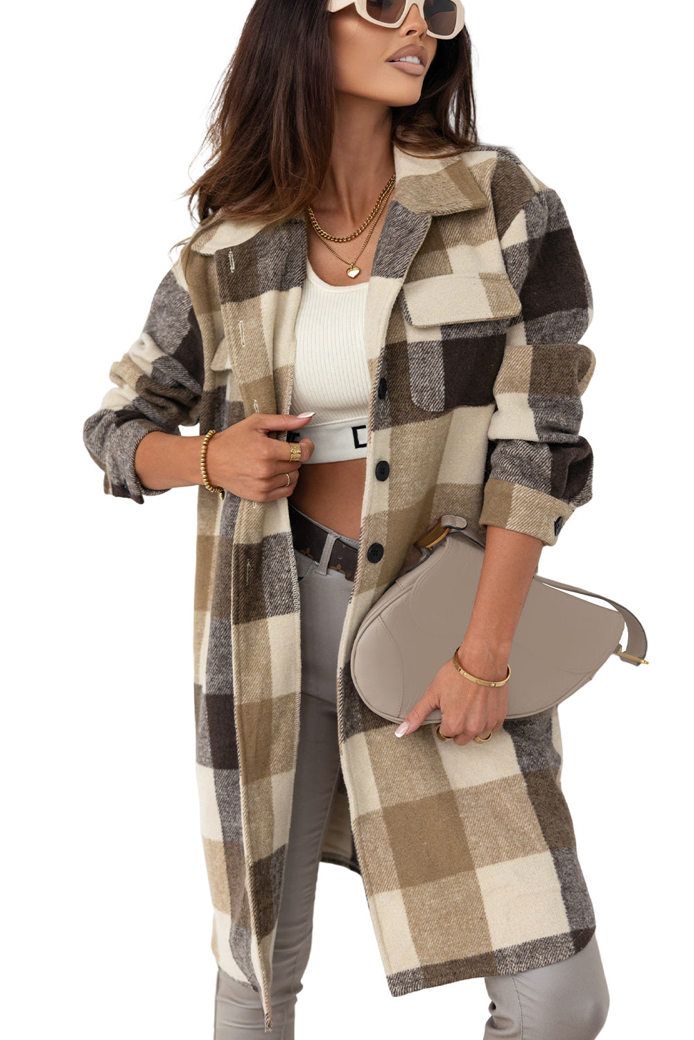 Plaid Button-Down Flap Pocket Long Shacket | Khaki