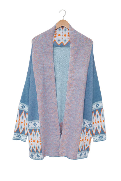 Aztec Print Open Front Knitted Cardigan | Blue