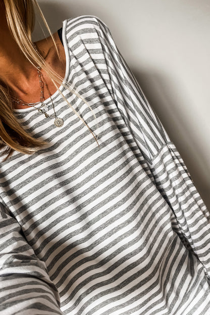 Drop Sleeve Round Neck Oversized Long Sleeve Top | Gray Stripe