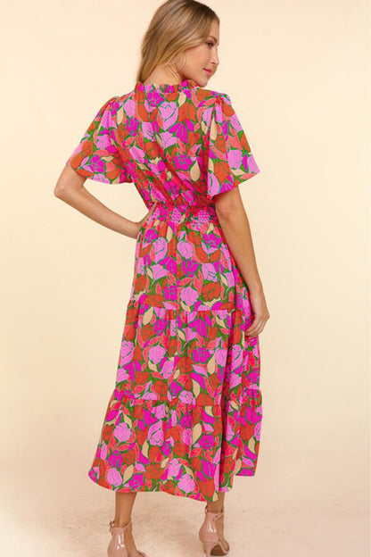 Floral Short Sleeve Smocked Waist Maxi Dress | Rose