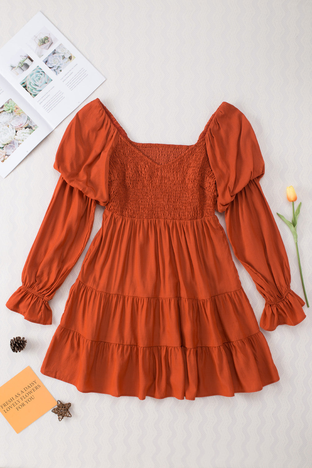 Boho Solid Shirred Ruffle Mini Dress | Brown