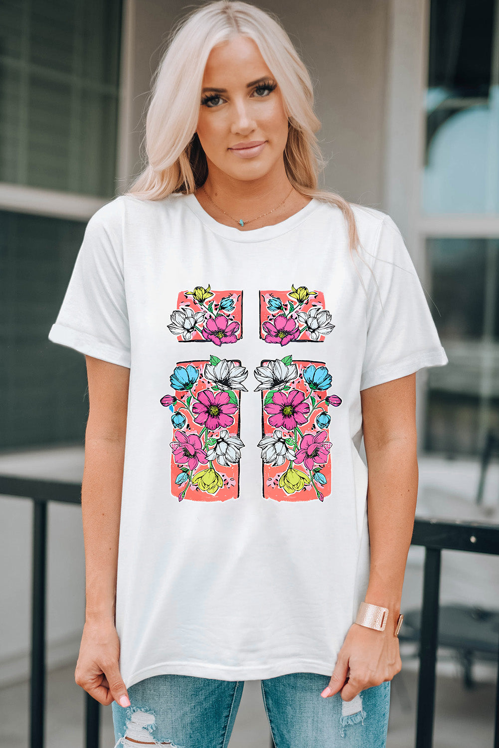 Floral Crossed Graphic Easter Round Neck T Shirt | White