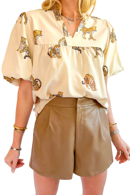 Cheetah Printed Split Neck Puff Sleeve Blouse | Apricot