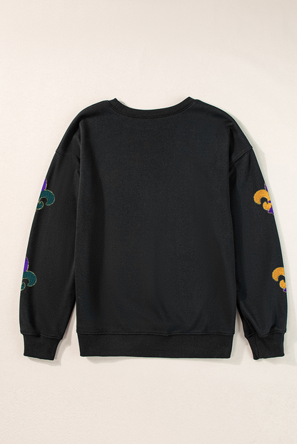 Mardi Gras Pattern Crew Neck Pullover Sweatshirt | Black