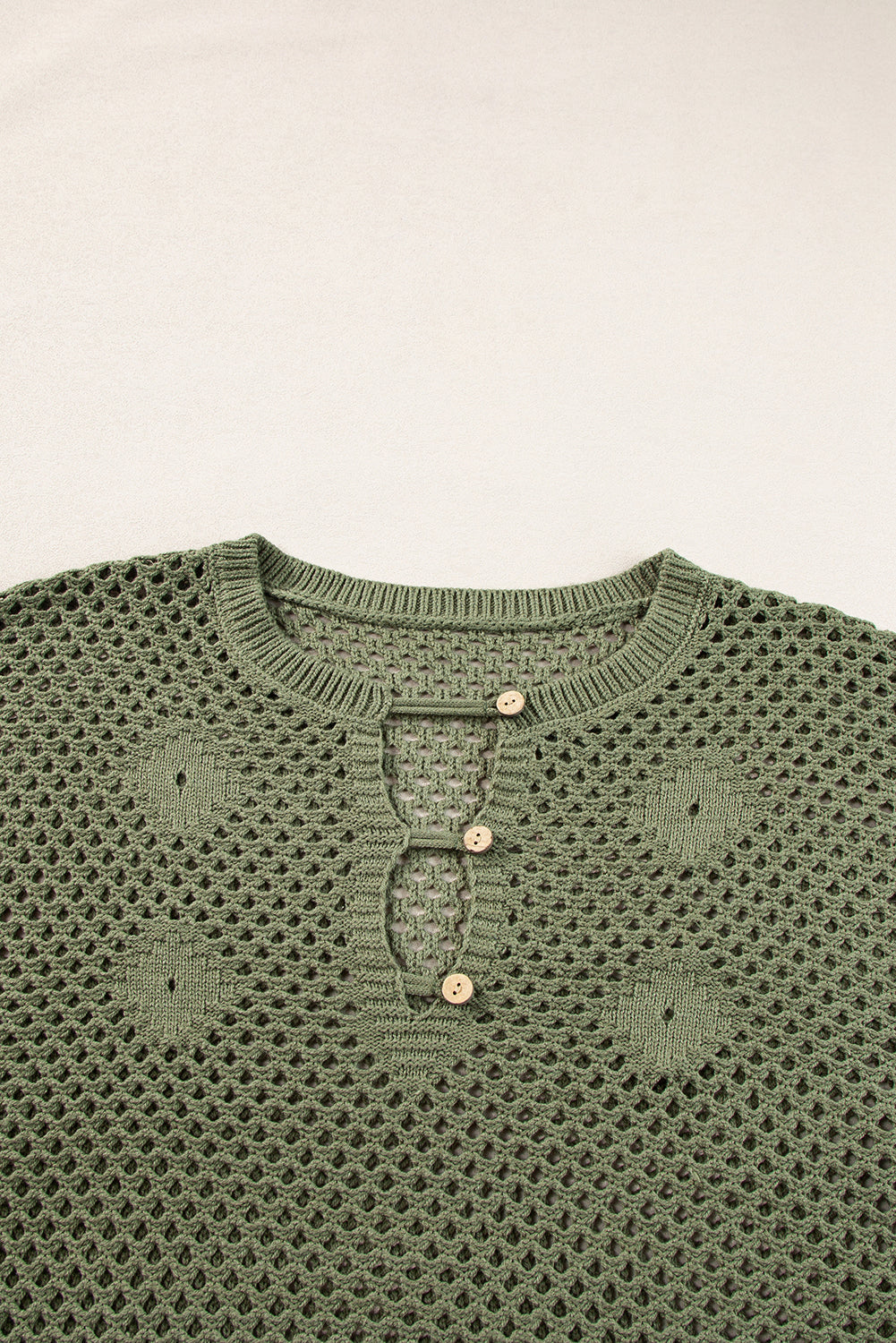 Open Knit Buttoned Neck Split Sleeve Sweater | Vineyard Green