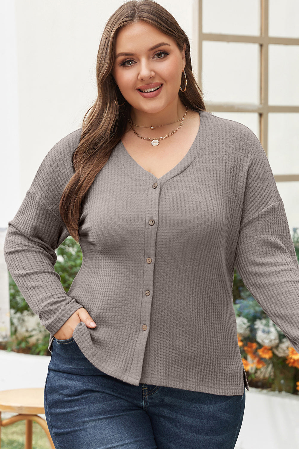 Waffle Knit Drop Shoulder Button V Neck Plus Size Top | Simply Taupe