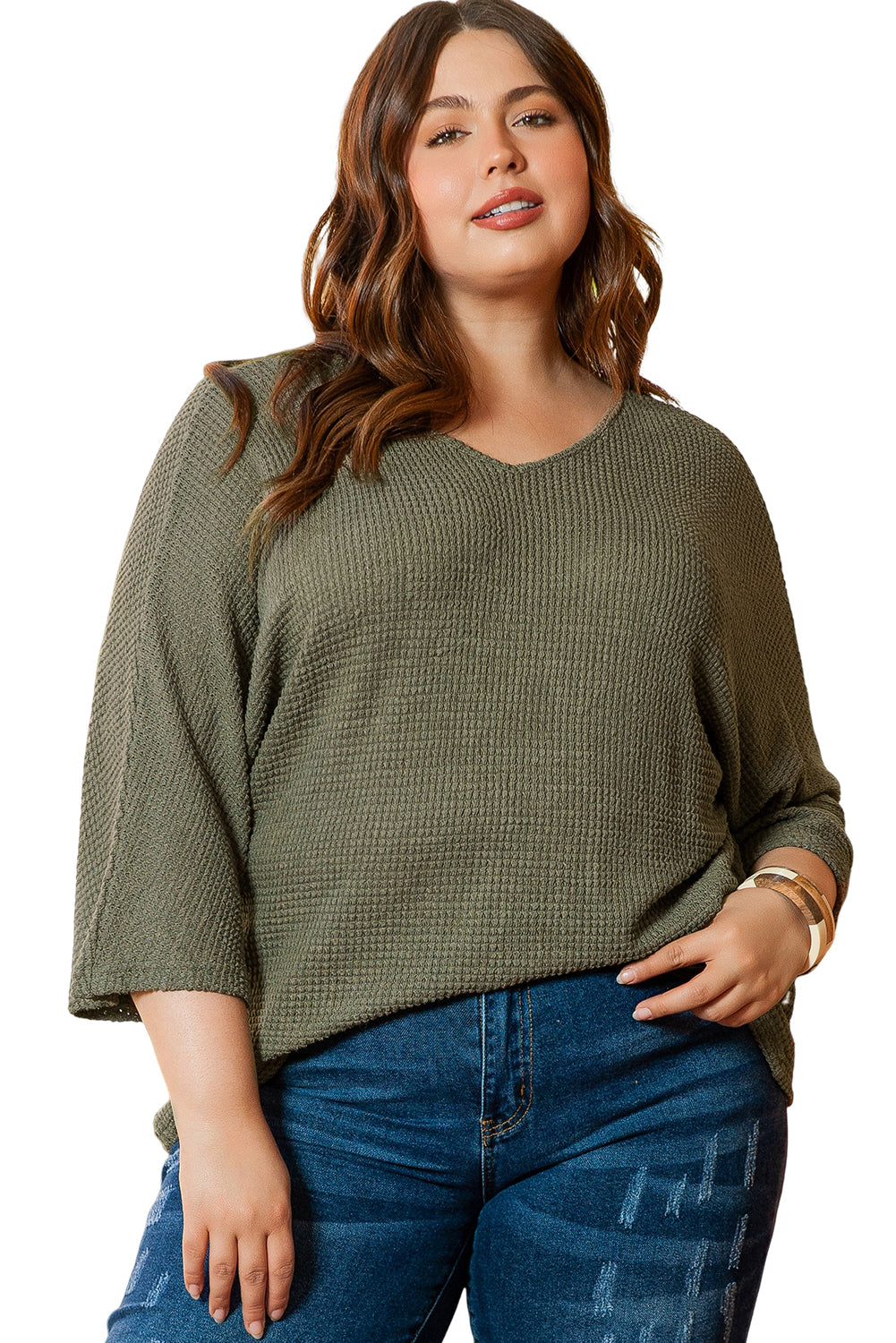 Plus Size V Neck Textured Knit Dolman Top | Jungle Green