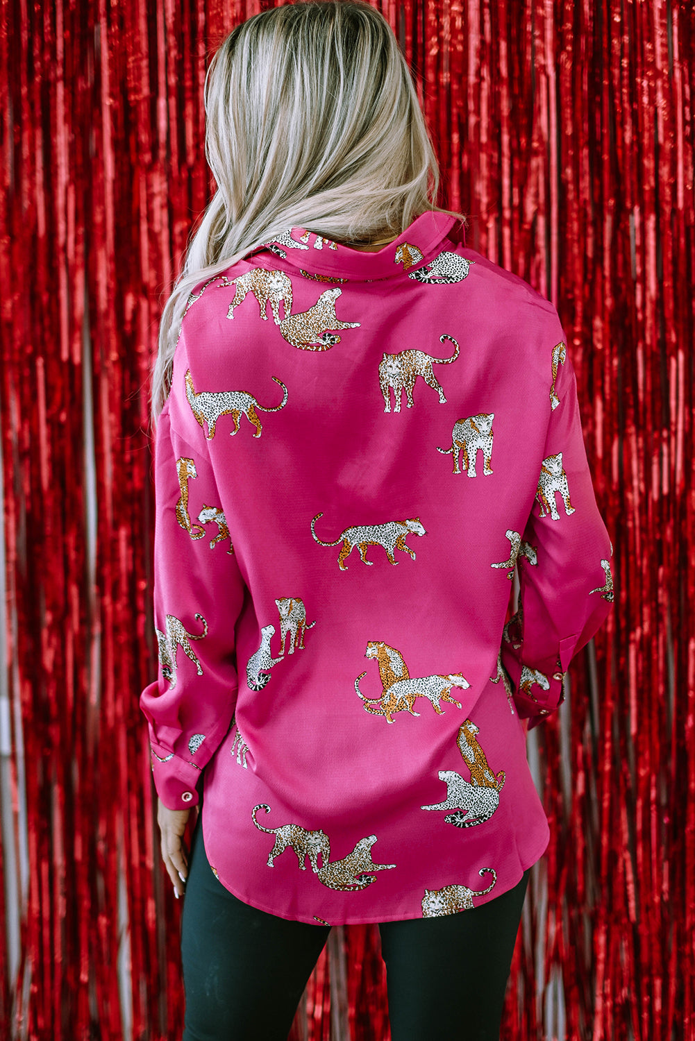 Rose Cheetah Animal Print Button Up Satin Shirt | Rose Red