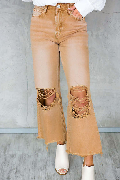 Distressed Hollow-Out High Waist Cropped Flare Jeans | Brown