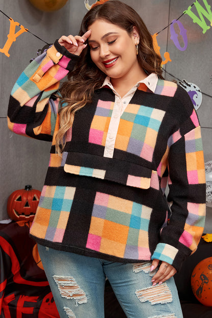 Plus Size Checkered Print Sherpa Henley Sweatshirt | Black