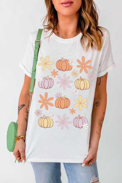 Floral Pumpkin Graphic Crewneck Halloween T Shirt | White