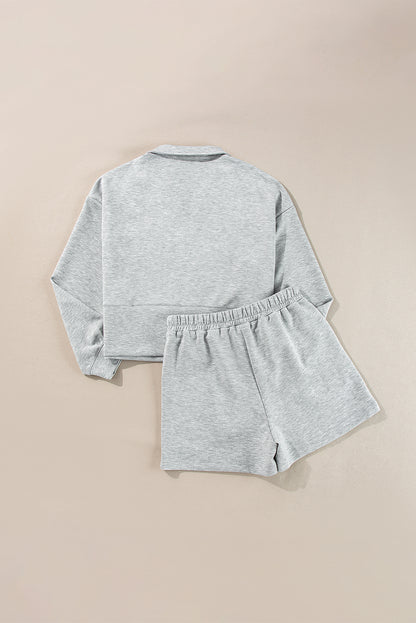 Stand Neck Zipped Sweatshirt And Shorts Set | Light Grey