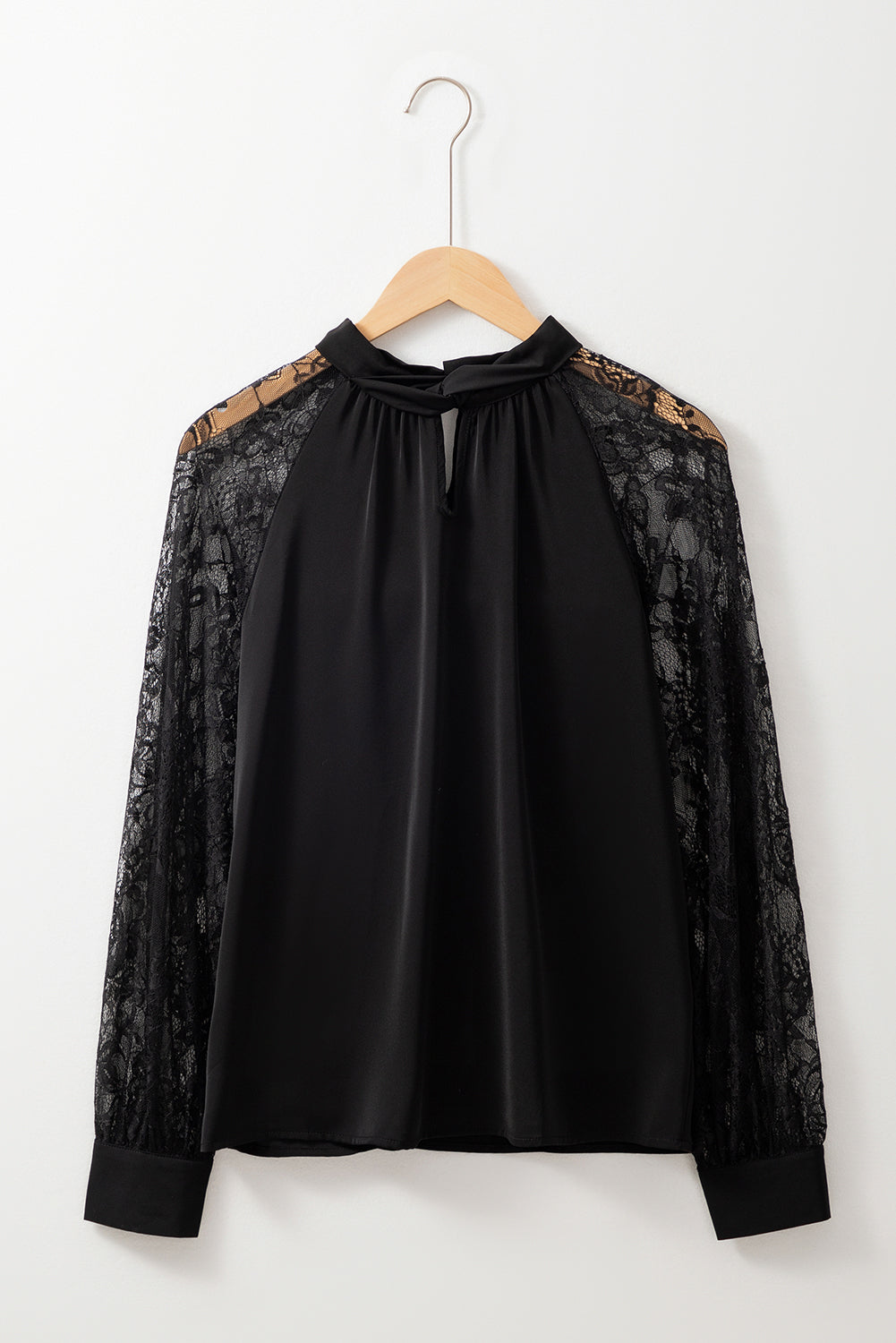 Keyhole Neckline Floral Lace Raglan Sleeve Blouse | Black