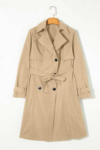 Solid Colour Lapel Collar Waist Tie Wind Coat | Pale Khaki