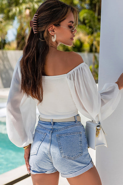 Drawstring Front Sheer Puff Sleeve Crop Top | White