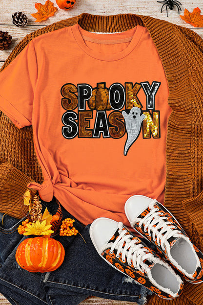 Sequin Spooky Season Ghost Pattern Halloween T Shirt | Orange