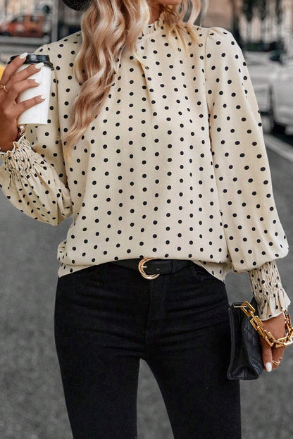 Polka Dot Print Frilled Collar Lantern Sleeve Blouse | Apricot