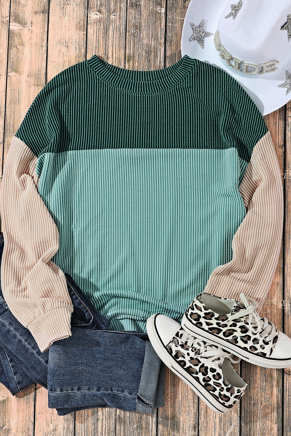 Colour Block Long Sleeve Ribbed Loose Top | Green