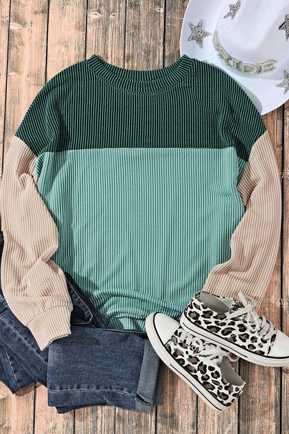 Colour Block Long Sleeve Ribbed Loose Top | Green