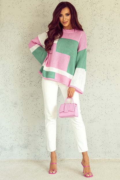 Colourblock Drop Shoulder Bell Sleeve Sweater | Pink