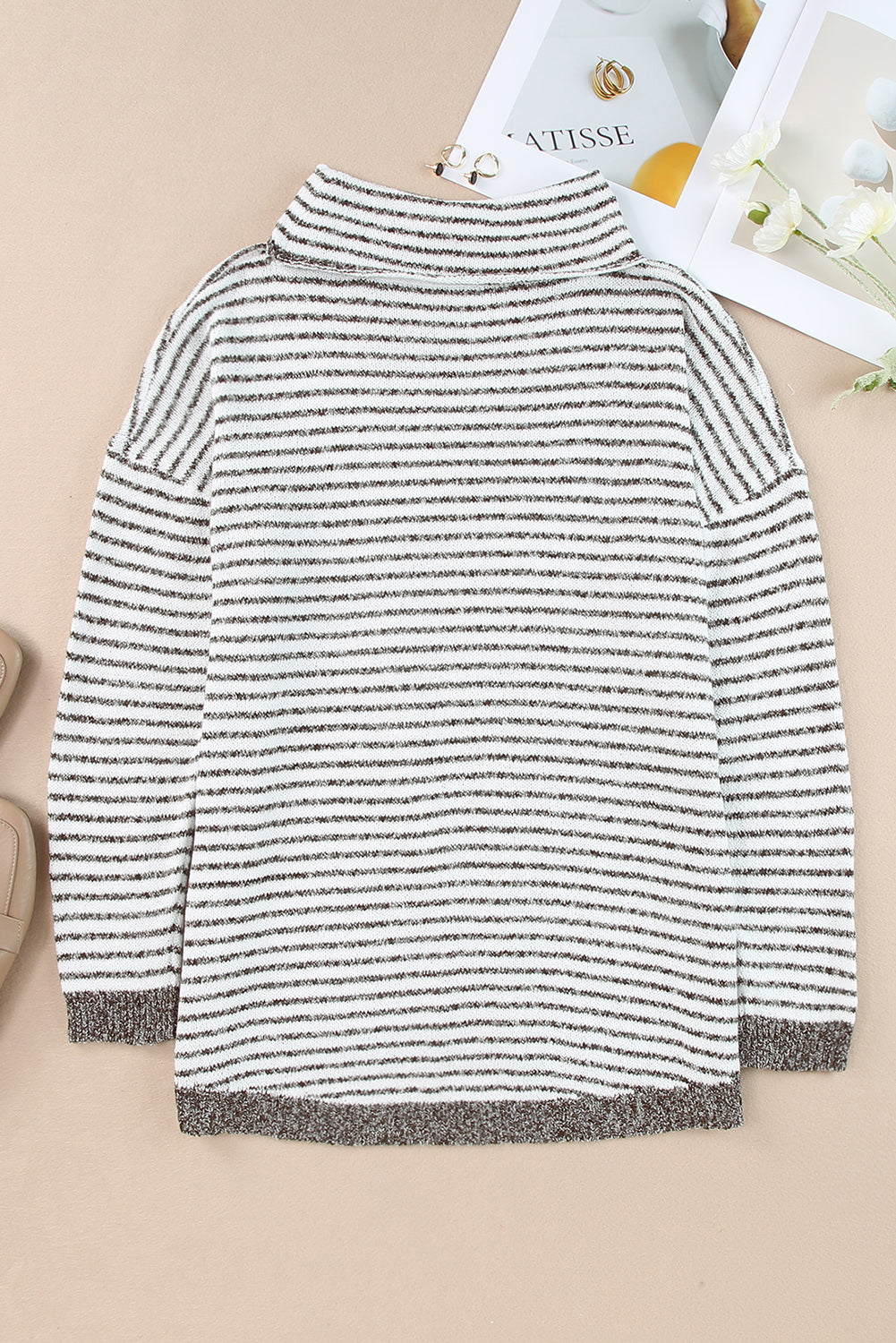 Striped Turtleneck Loose Sweater | Khaki