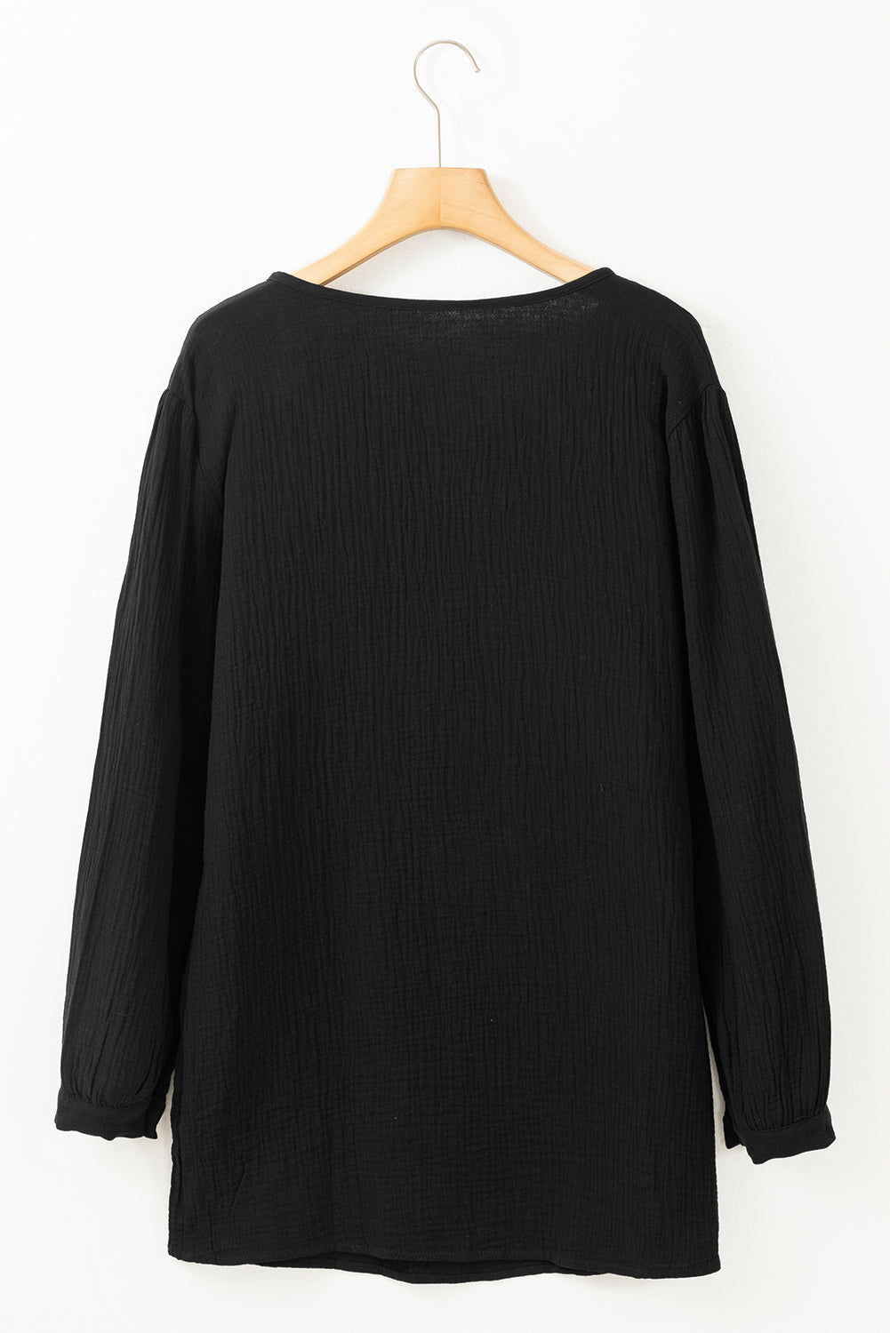 Casual Pleated V Neck Textured Loose Top | Black