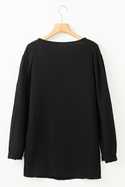 Casual Pleated V Neck Textured Loose Top | Black