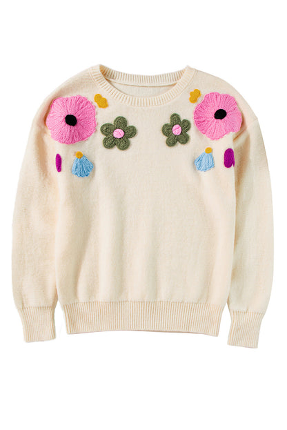 Knitted Flower Pattern Ribbed Edge Sweater | Beige