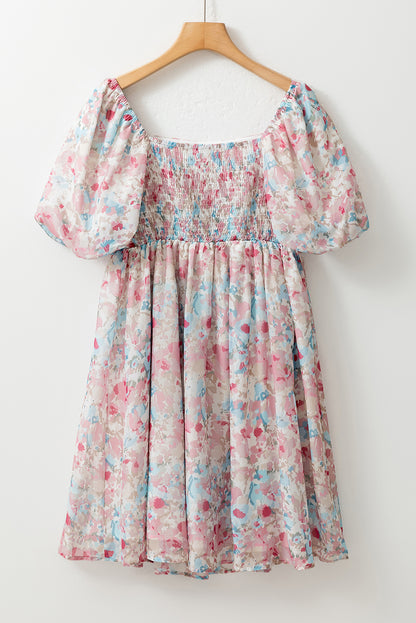 Floral Puff Sleeve Square Neck Smock Ruffled Dress | Pink