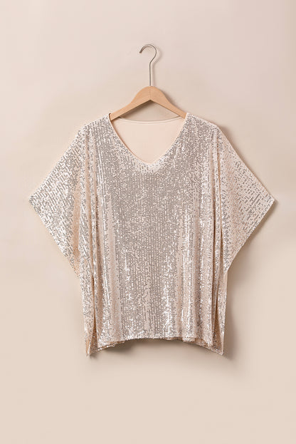 Plus Size Sequined V Neck Boxy Top | Apricot