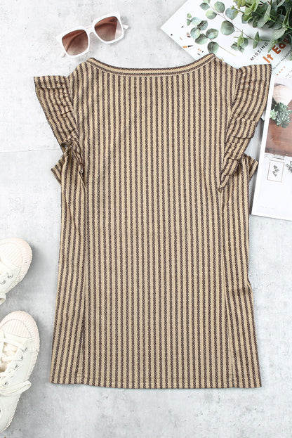 Striped Crew Neck Ruffled Tank Top | Khaki