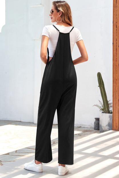 Pocketed Adjustable Spaghetti Strap Straight Leg Jumpsuit | Black