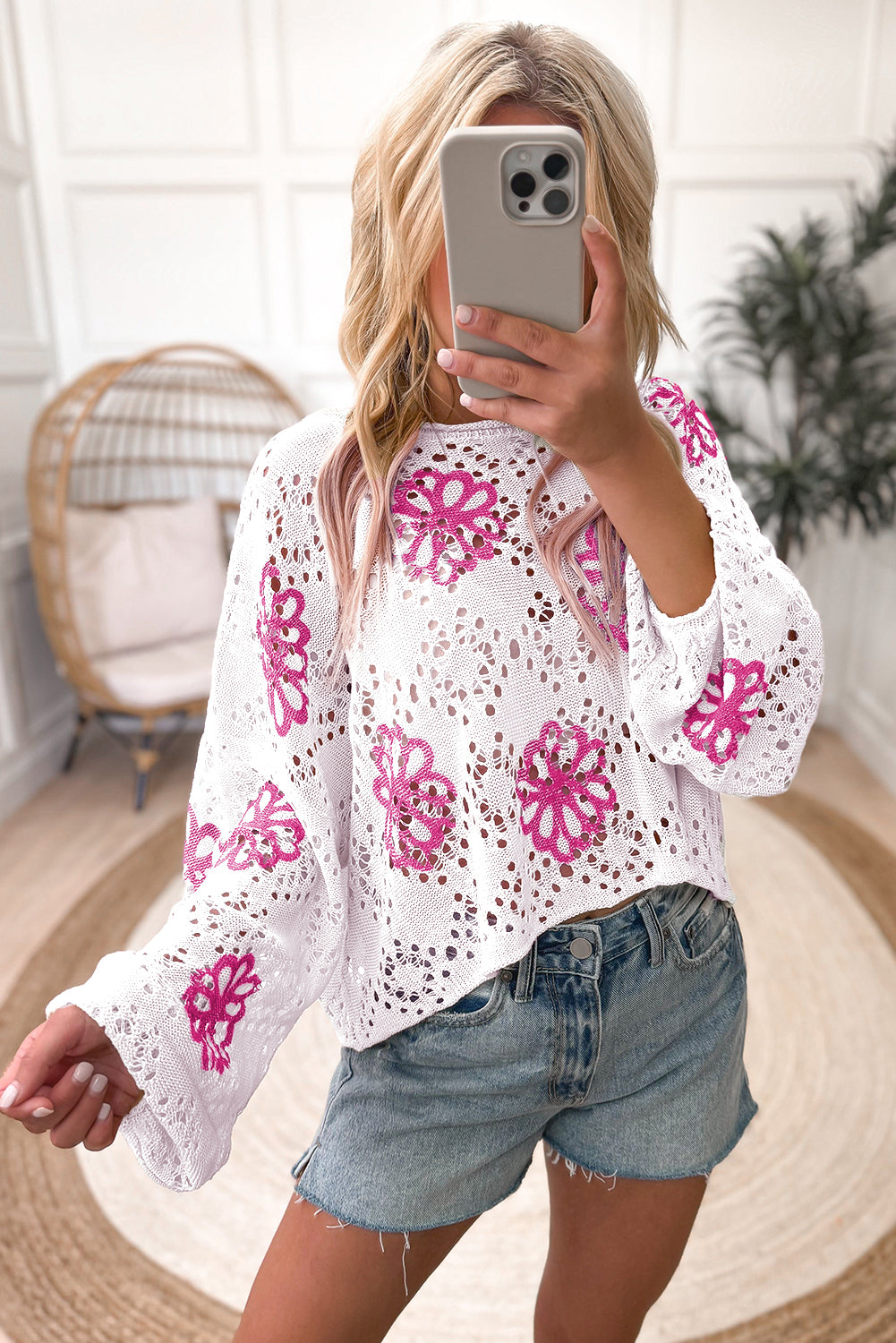 Contrast Flower Print Eyelet Drop Shoulder Sweater | White