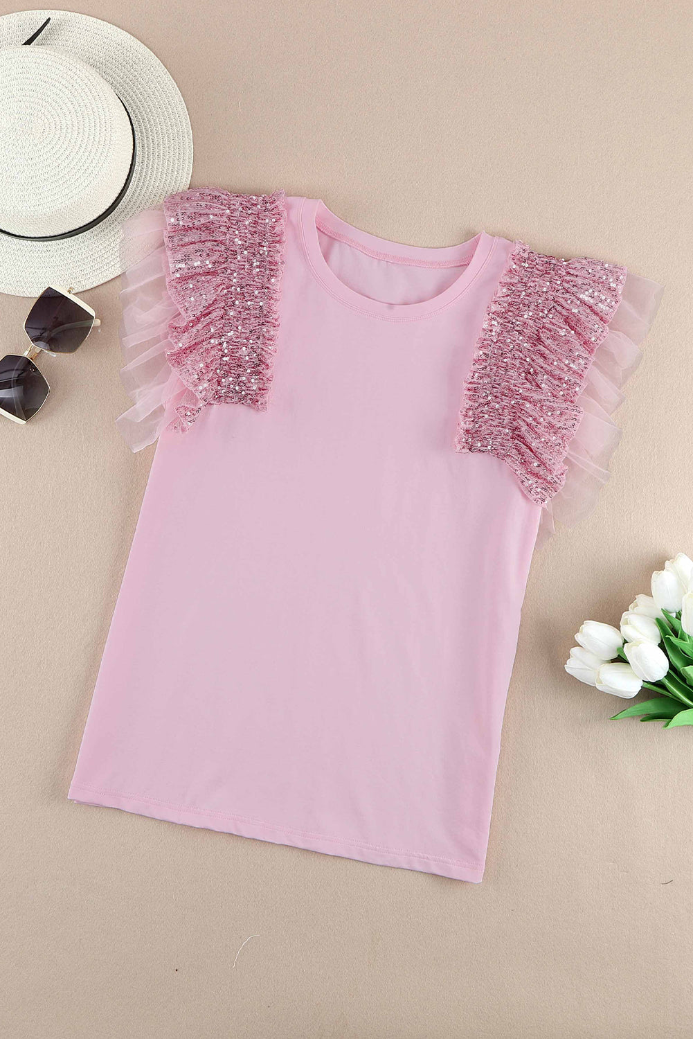 Sequined Ruffle Mesh Sleeves Top | Pink