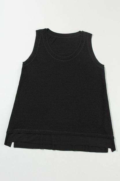 Scoop Neck Waffle Knit Flowy Vest | Black