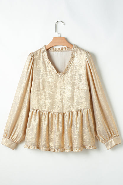 Metallic Frilled V Neck Puff Sleeve Babydoll Blouse | Gold