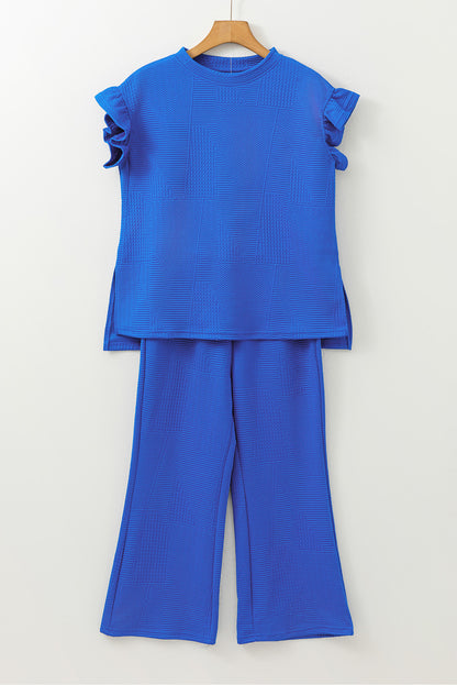 Ruffled Sleeve Summer Top And Cropped Loose Pants Set | Dark Blue