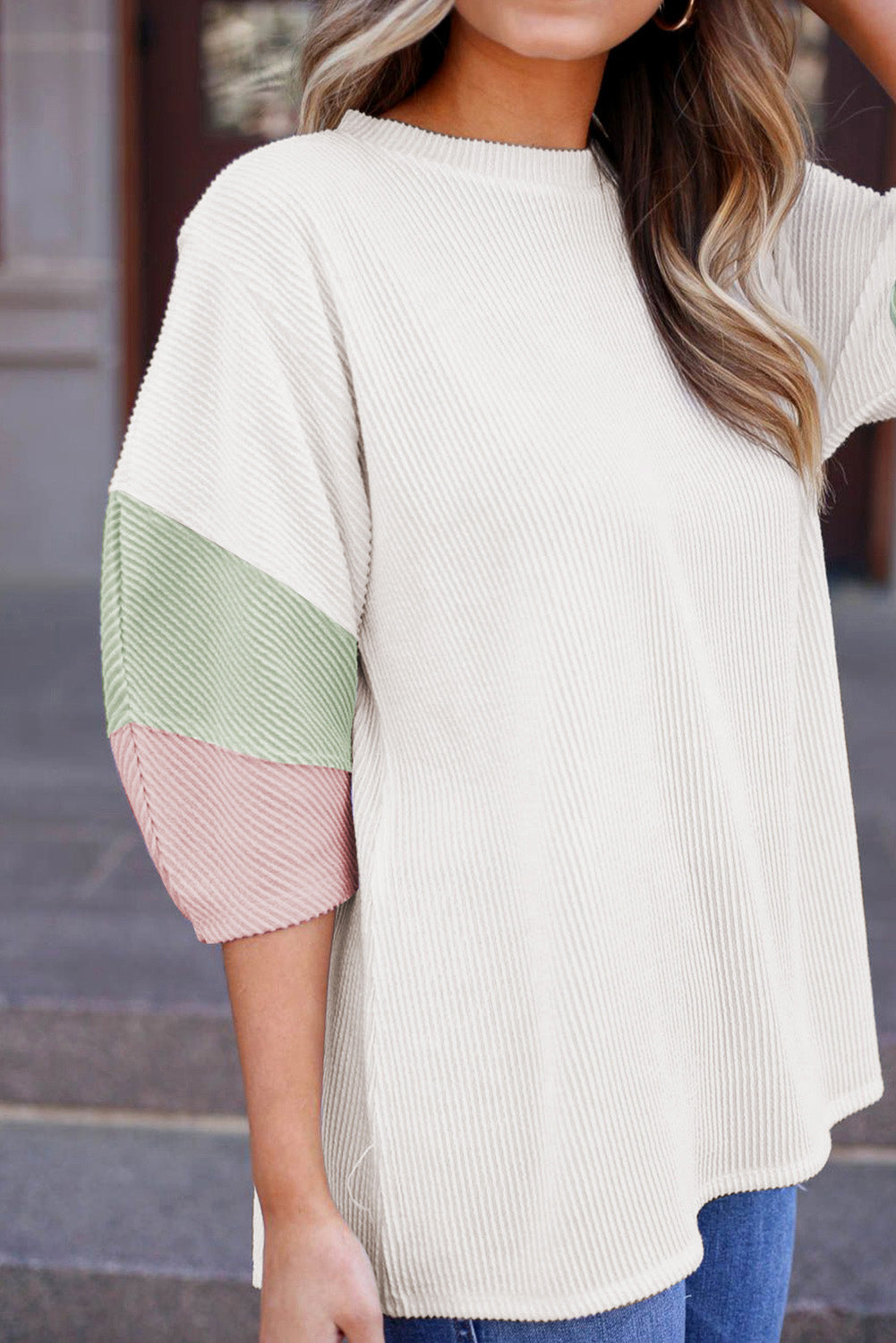 Colour Block Ribbed Knit Quarter Sleeve Top | White