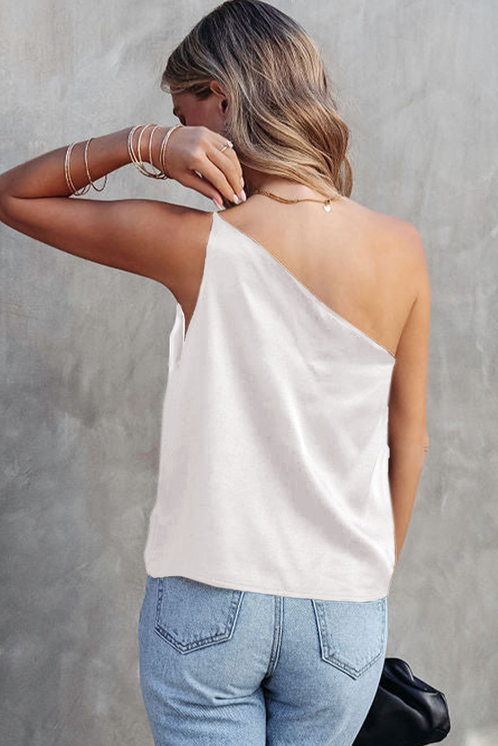 Satin One Shoulder Loose Tank Top | White