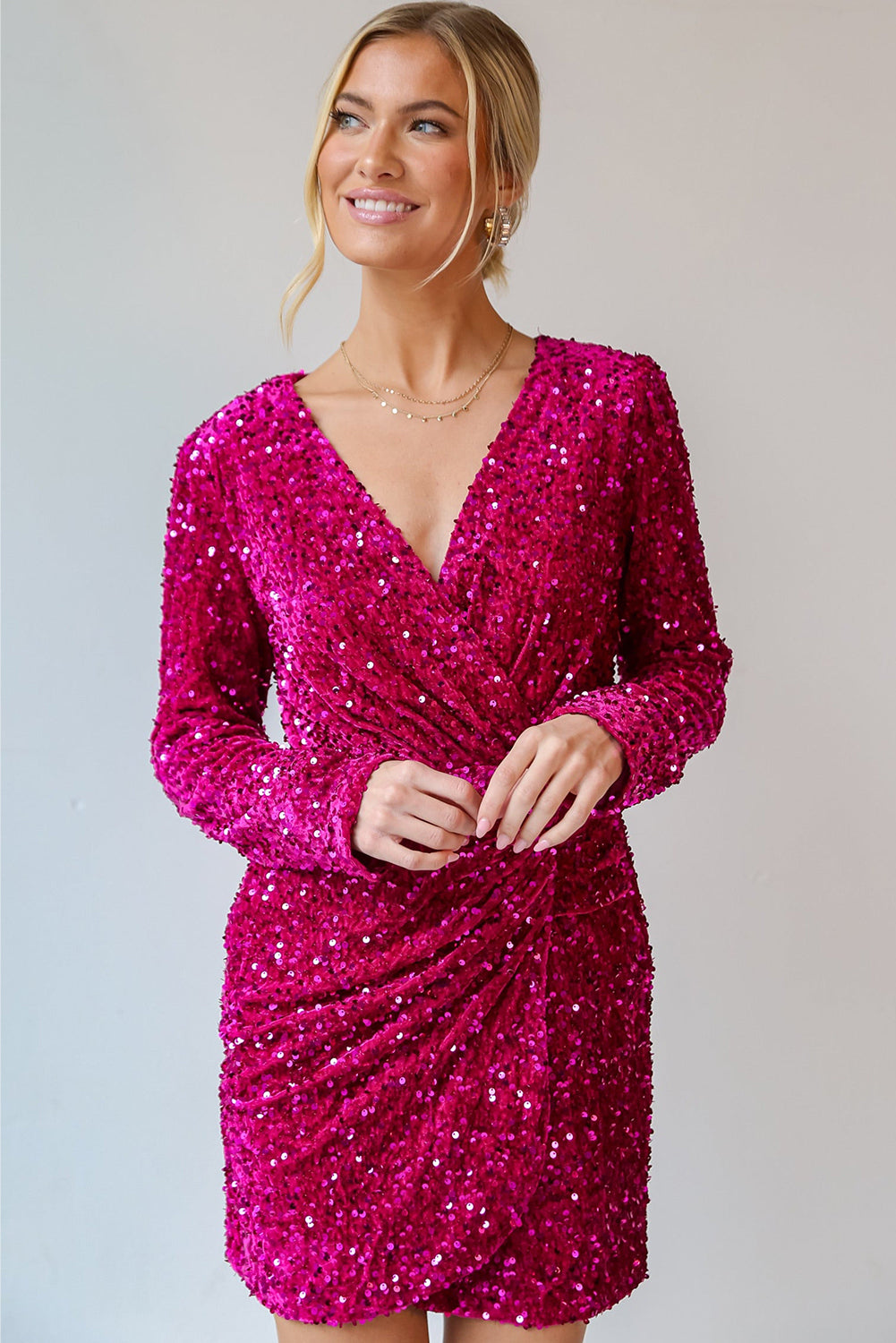 Velvet Sequin Long Sleeve V Neck Wrapped Mini Dress | Pitaya Pink