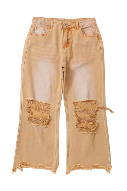 Distressed Hollow-Out High Waist Cropped Flare Jeans | Brown