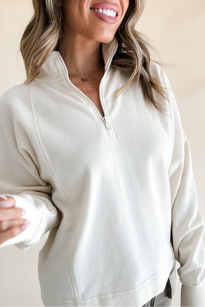 Zipped Neck Pullover Drop Shoulder Sweatshirt | White