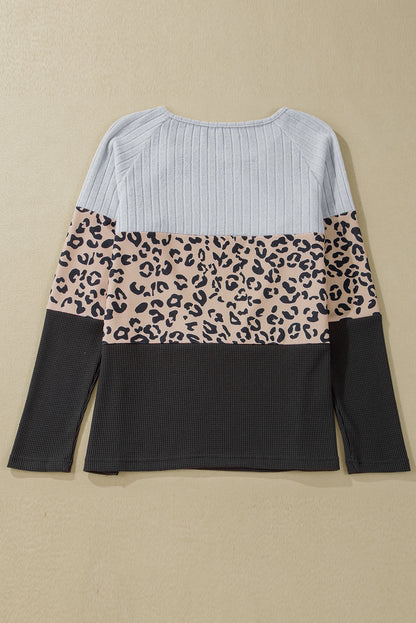 Cheetah Textured Patchwork Buttoned Round Neck T Shirt | Gray