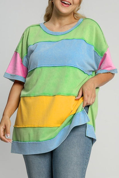 Colour Block Exposed Seam Patchwork Plus Size T Shirt | Light Blue