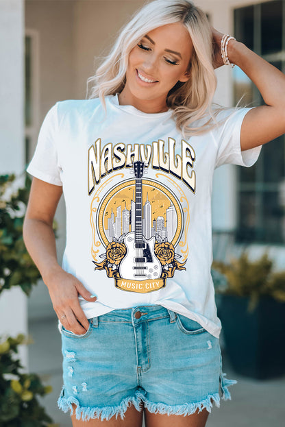 Music City Nashville Guitar Graphic T Shirt | White