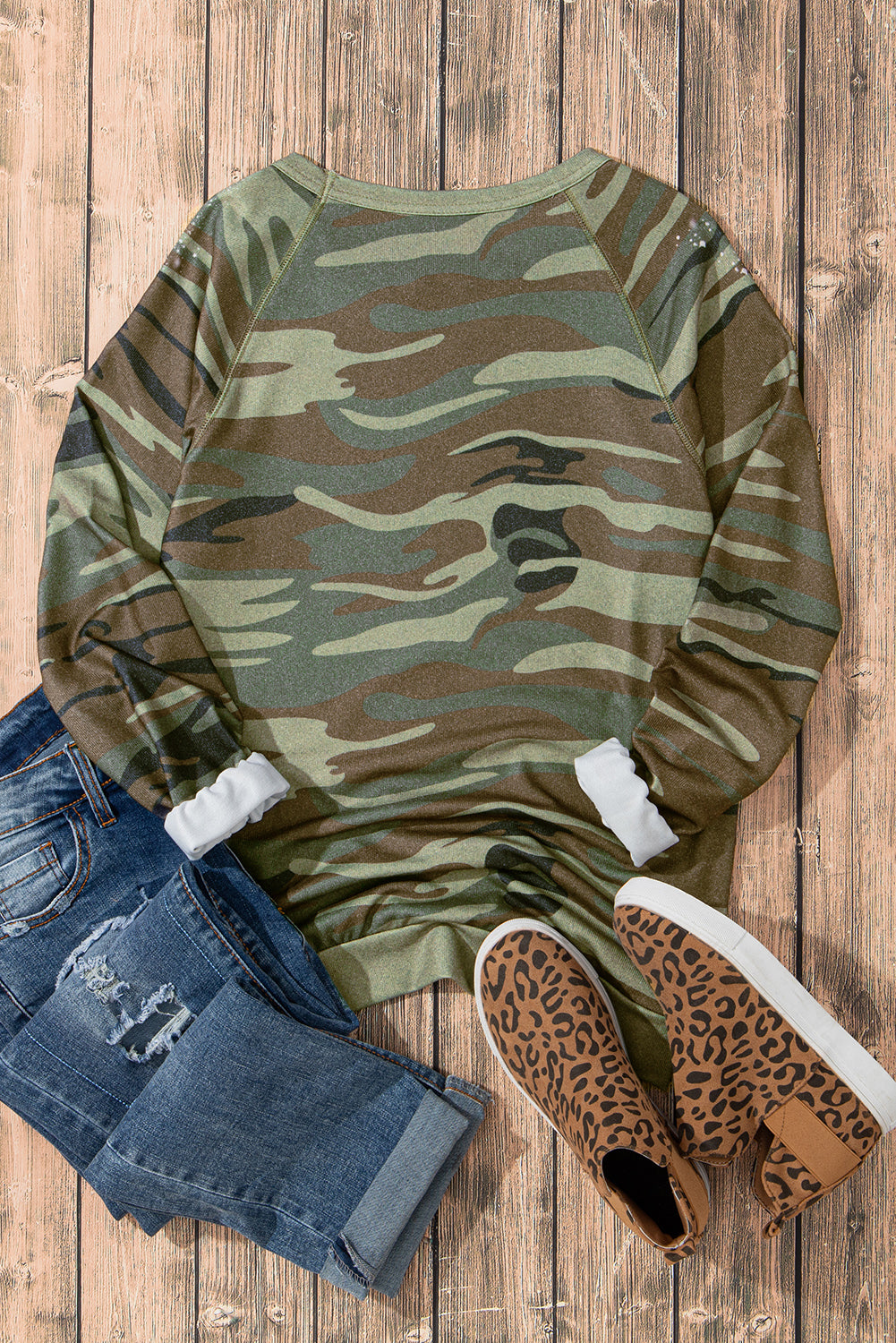 Camouflage Bleached Print Long Sleeve Sweatshirt | Jungle Green