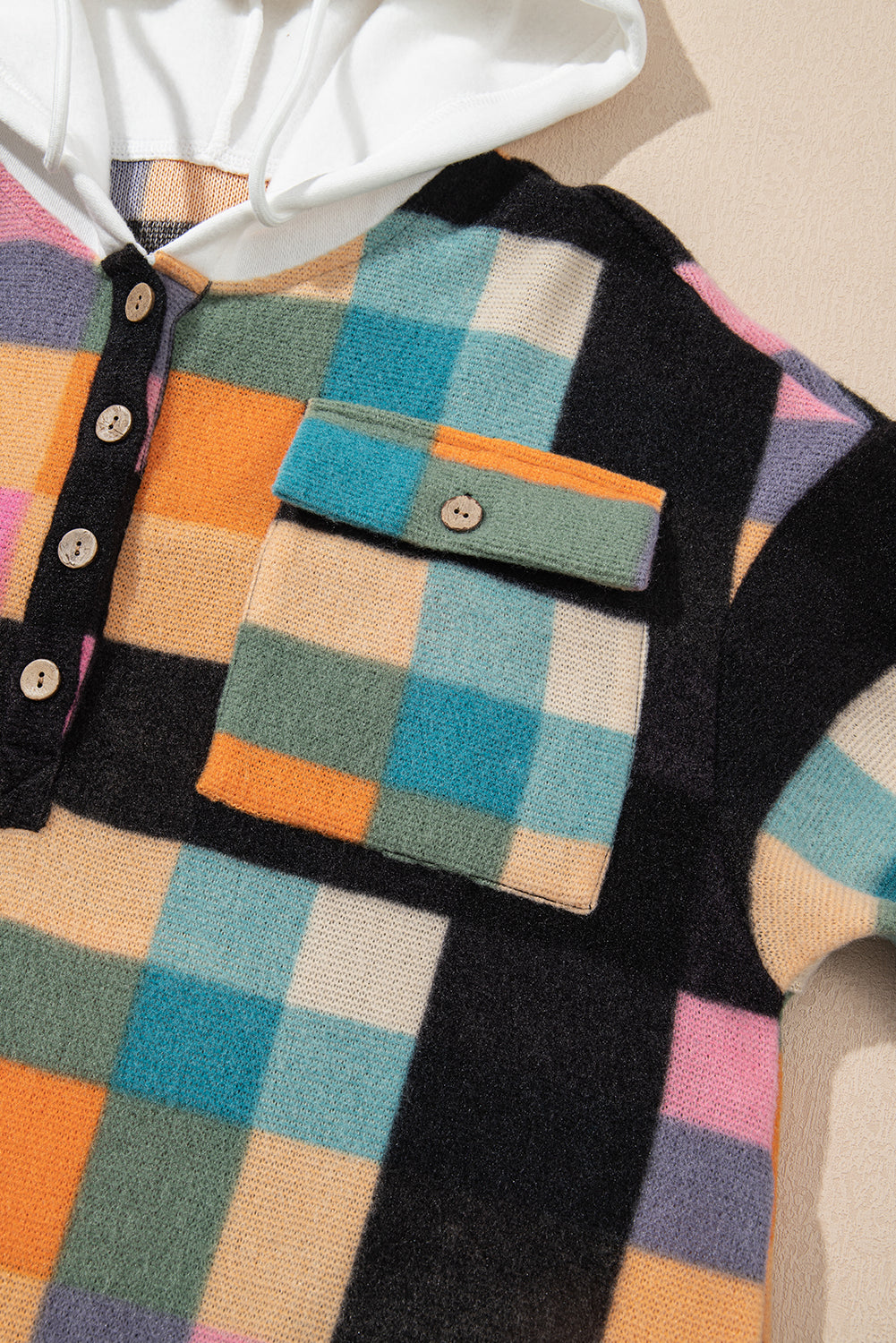 Plaid Colour Block Flap Pocket Buttoned Hoodie | Multicolour