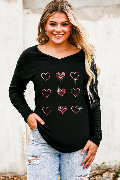 Valentines Day Rhinestone Heart Graphic Long Sleeve Tee | Black